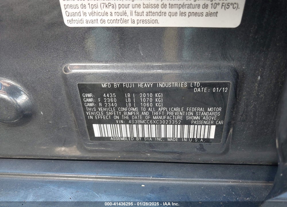 2012 SUBARU LEGACY VIN: 4S3BMCC6XC3023352