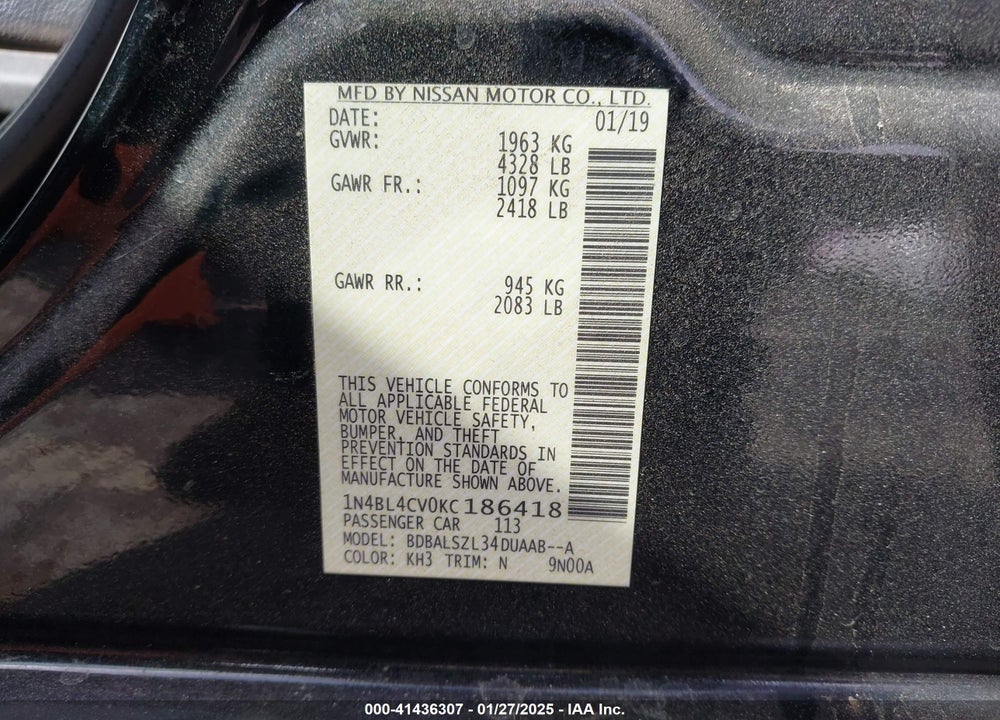 2019 NISSAN ALTIMA 2.5 SR VIN: 1N4BL4CV0KC186418