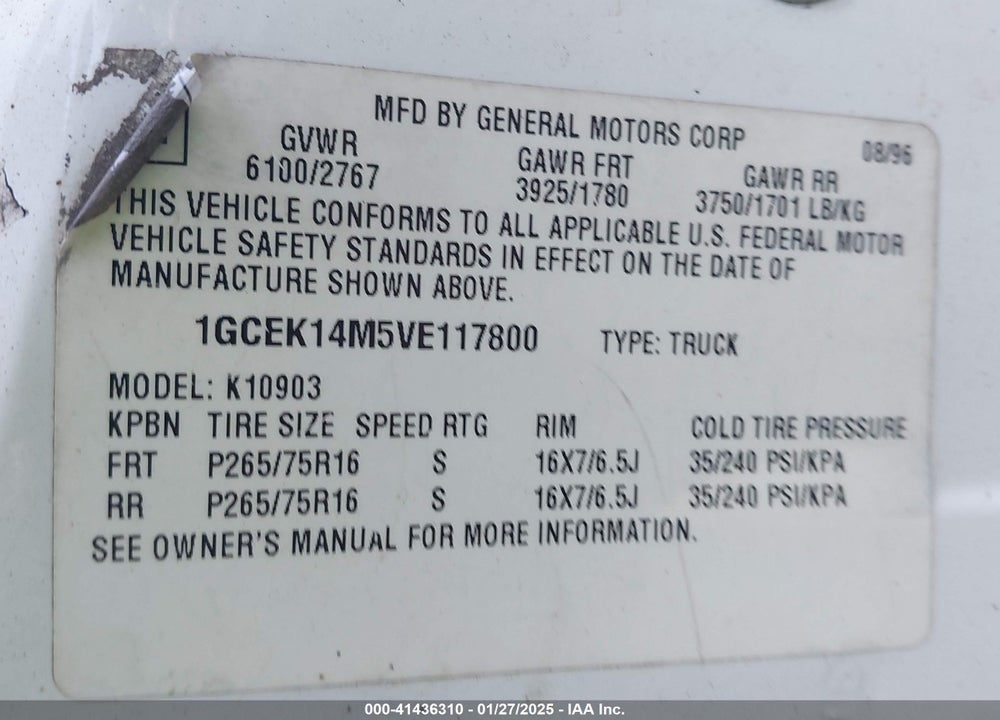 1997 CHEVROLET K1500 FLEETSIDE VIN: 1GCEK14M5VE117800