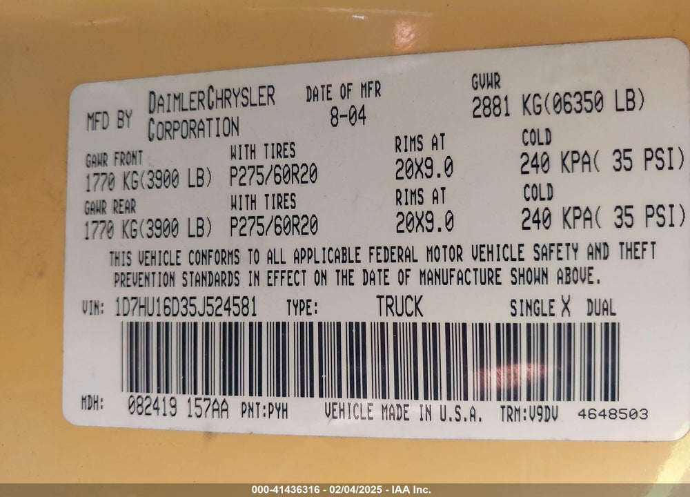 2005 DODGE RAM 1500 SLT/LARAMIE VIN: 1D7HU16D35J524581