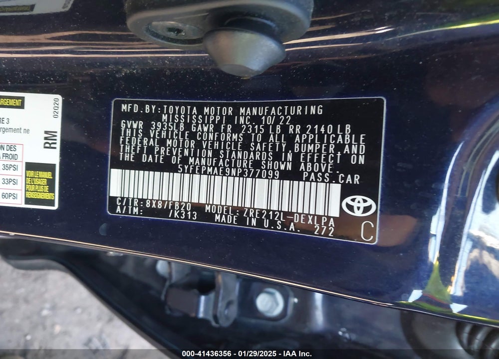 2022 TOYOTA COROLLA VIN: 5YFEPMAE9NP377099