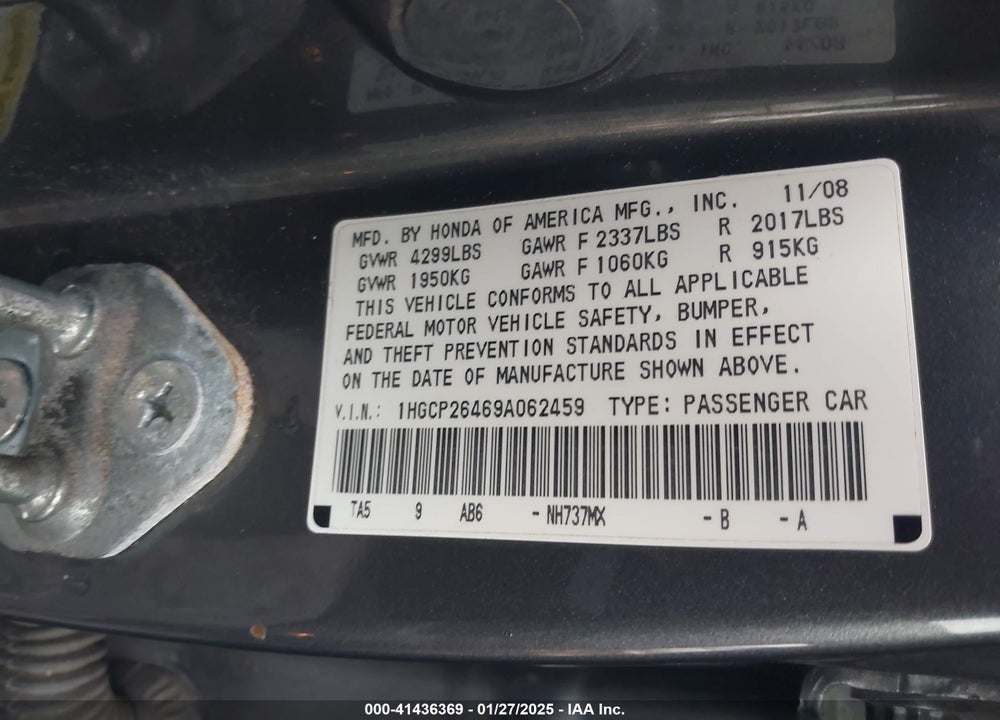 2009 HONDA ACCORD 2.4 LX-P VIN: 1HGCP26469A062459
