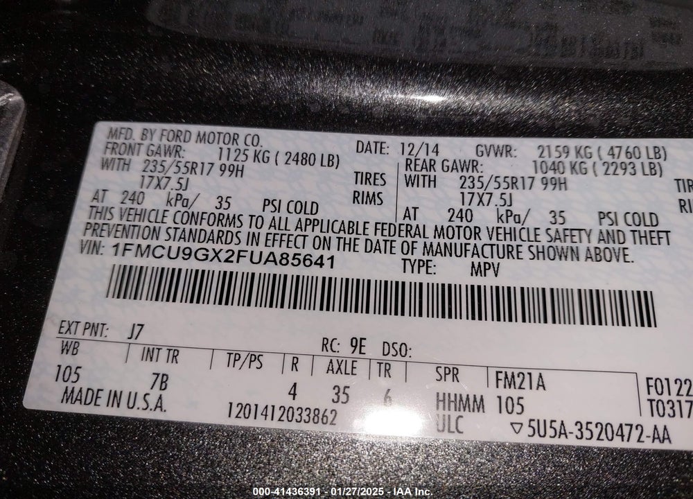 2015 FORD ESCAPE VIN: 1FMCU9GX2FUA85641