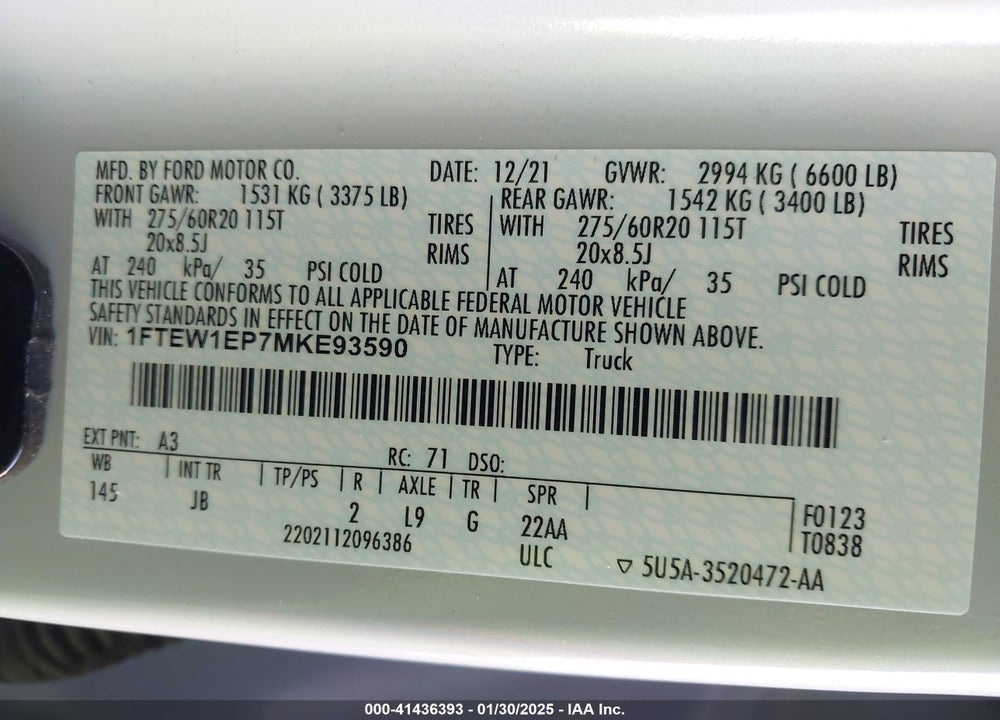 2021 FORD F-150 VIN: 1FTEW1EP7MKE93590