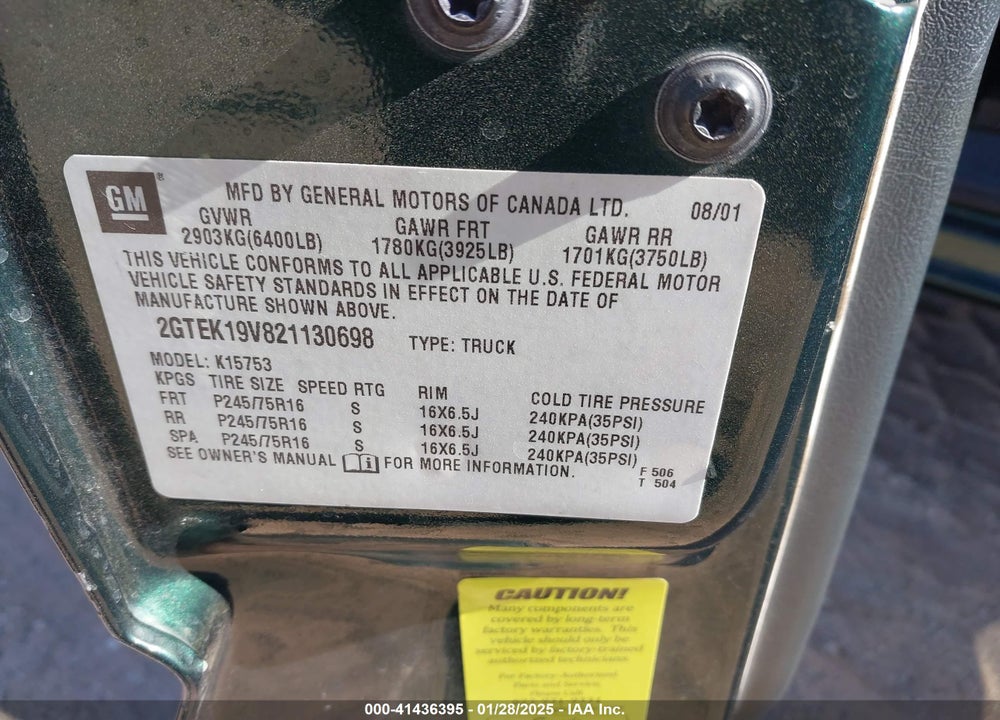 2002 GMC SIERRA 1500 SLE VIN: 2GTEK19V821130698
