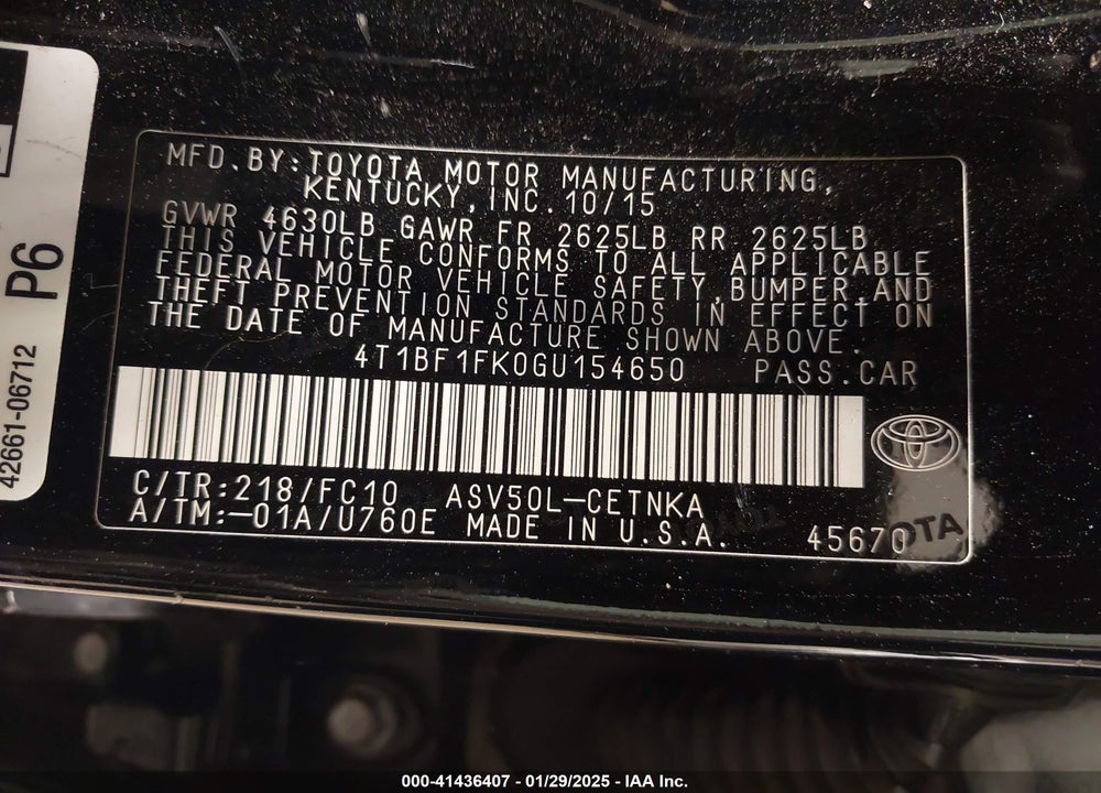2016 TOYOTA CAMRY VIN: 4T1BF1FK0GU154650