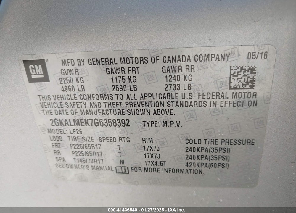 2016 GMC TERRAIN SLE-1 VIN: 2GKALMEK7G6358392