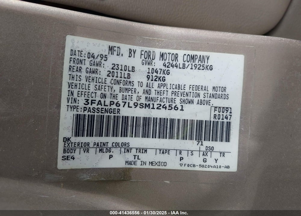 1995 FORD CONTOUR SE VIN: 3FALP67L9SM124561