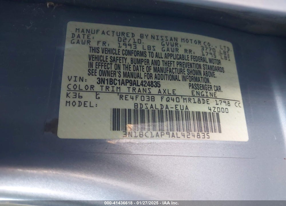 2010 NISSAN VERSA VIN: 3N1BC1AP9AL424835
