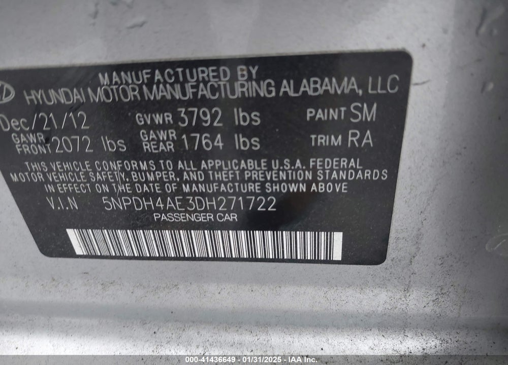 2013 HYUNDAI ELANTRA LIMITED VIN: 5NPDH4AE3DH271722