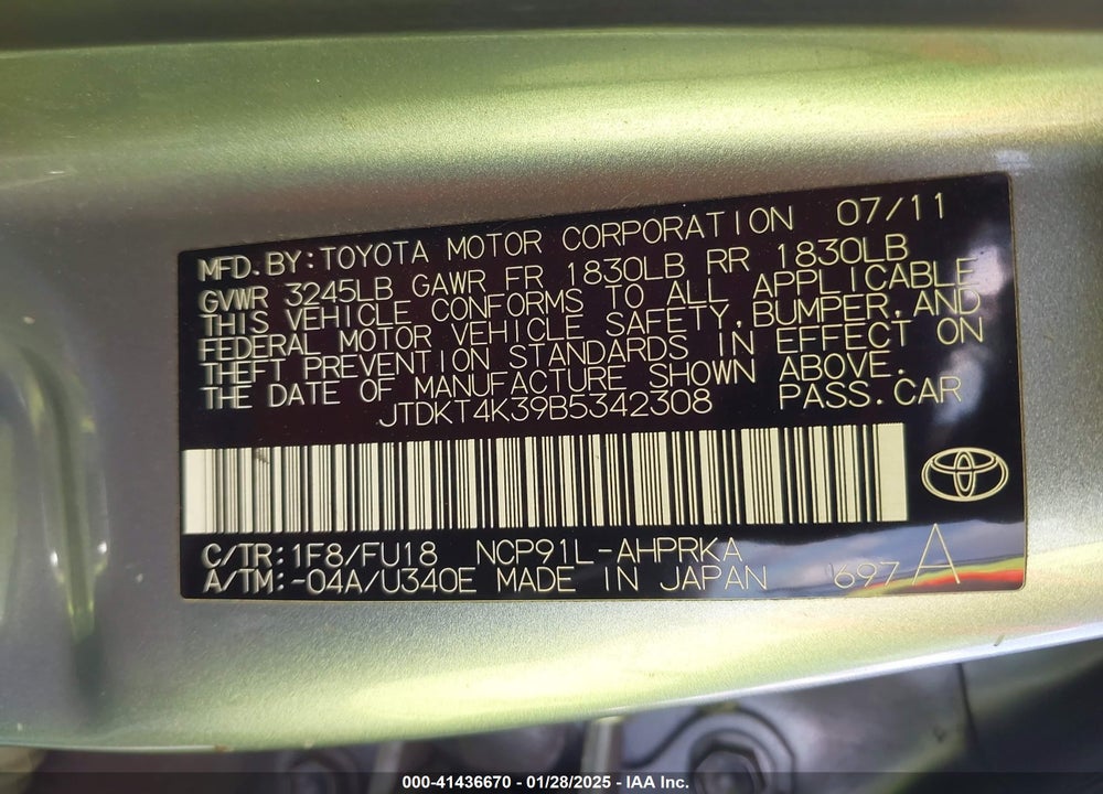 2011 TOYOTA YARIS VIN: JTDKT4K39B5342308