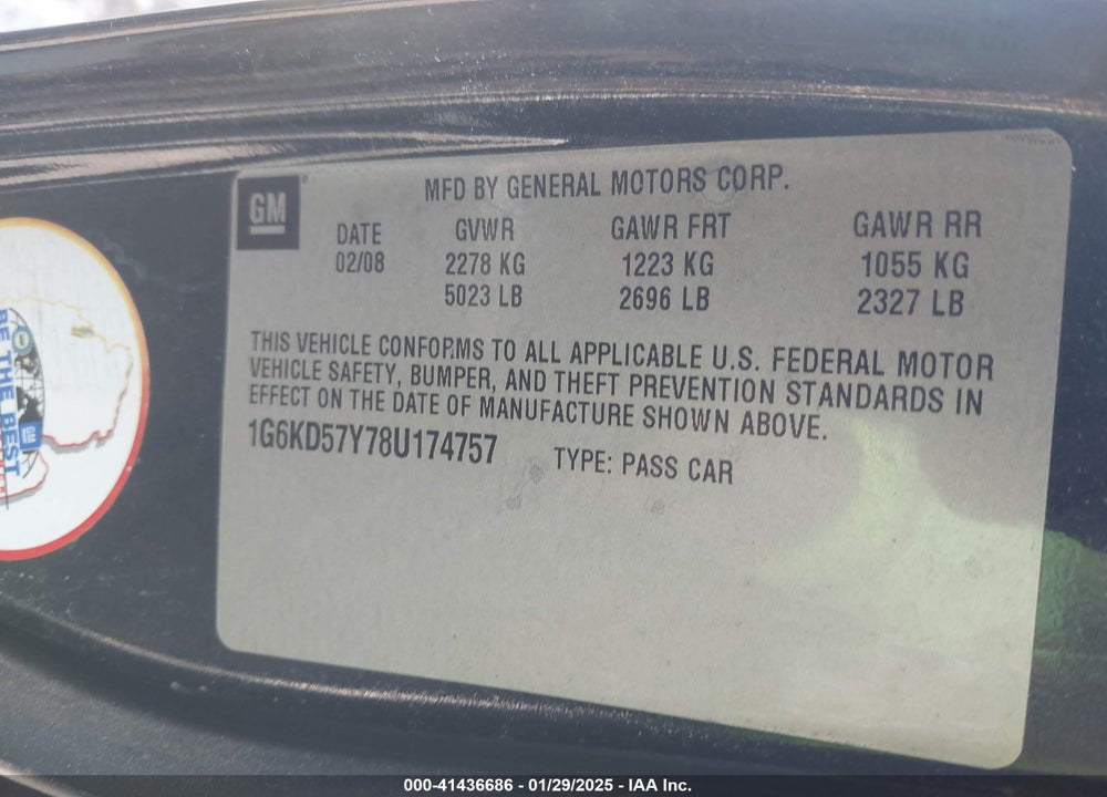 2008 CADILLAC DTS VIN: 1G6KD57Y78U174757