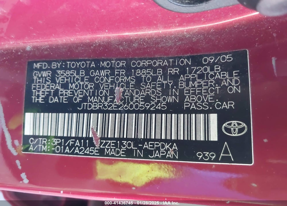 2006 TOYOTA COROLLA CE VIN: JTDBR32E260059245