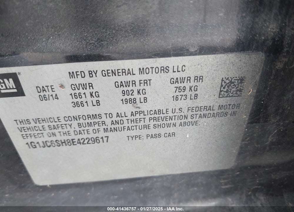 2014 CHEVROLET SONIC VIN: 1G1JC6SH8E4229617