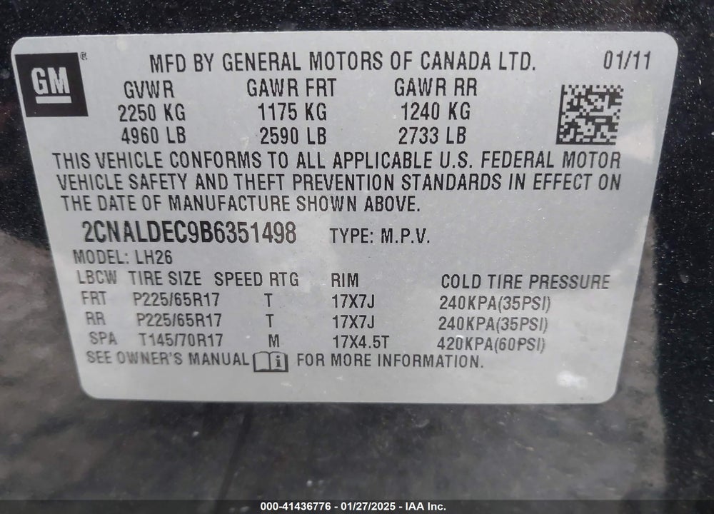 2011 CHEVROLET EQUINOX 1LT VIN: 2CNALDEC9B6351498