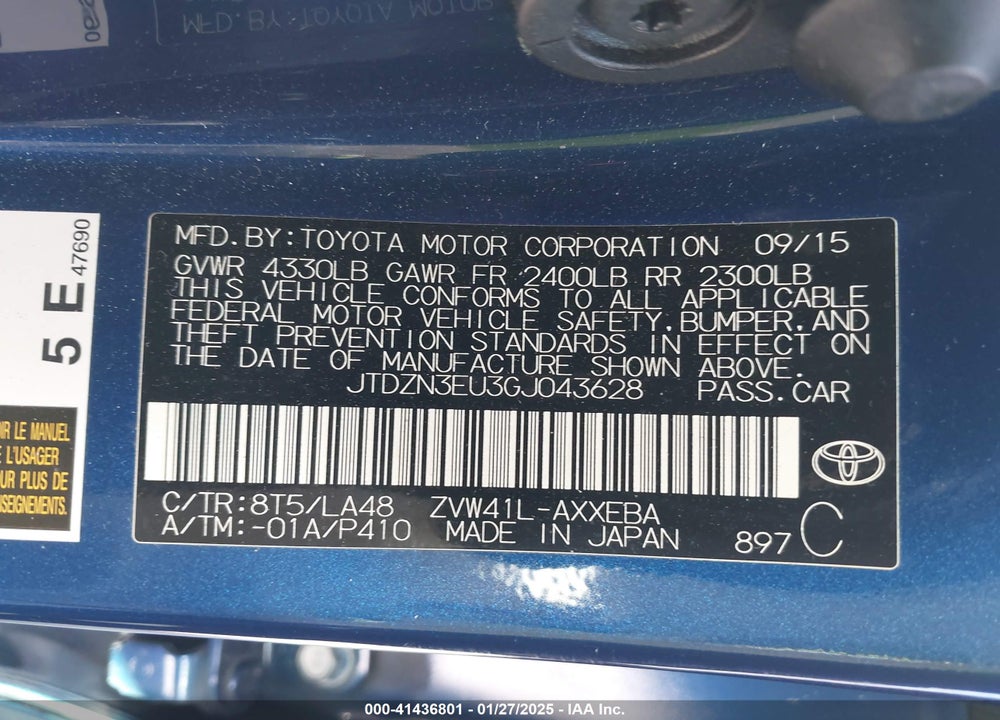 2016 TOYOTA PRIUS V VIN: JTDZN3EU3GJ043628