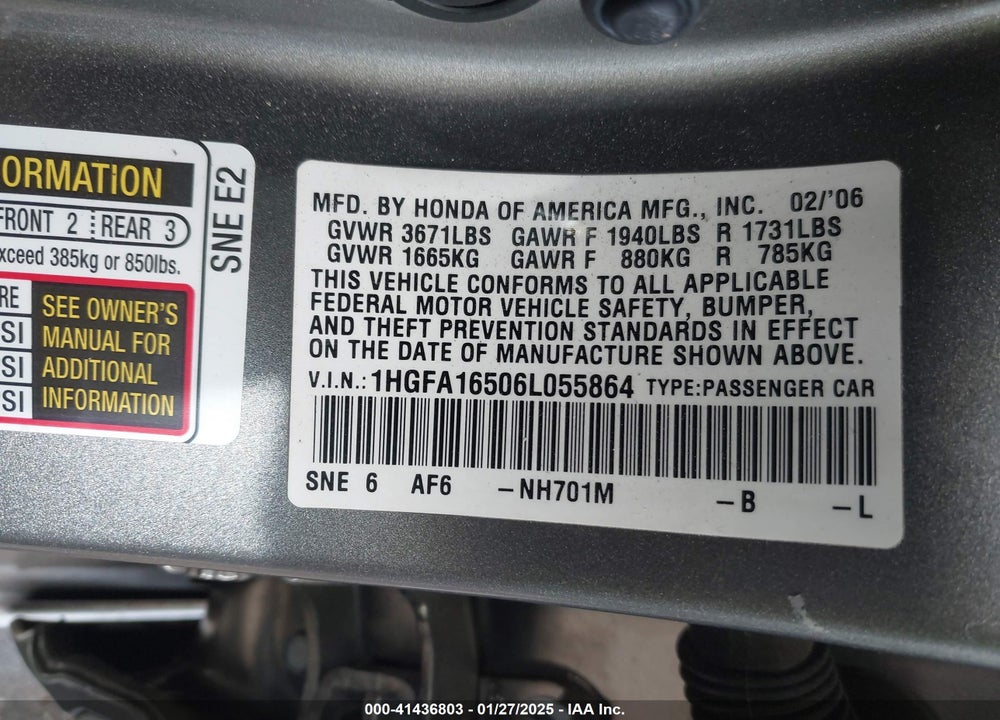2006 HONDA CIVIC VIN: 1HGFA16506L055864