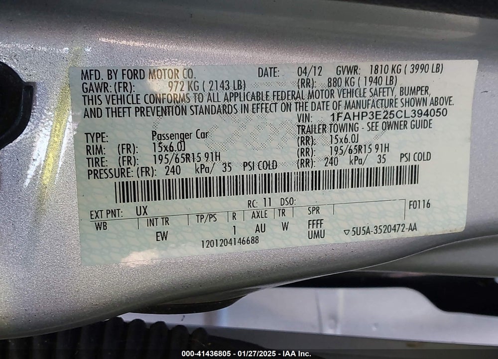 2012 FORD FOCUS VIN: 1FAHP3E25CL394050