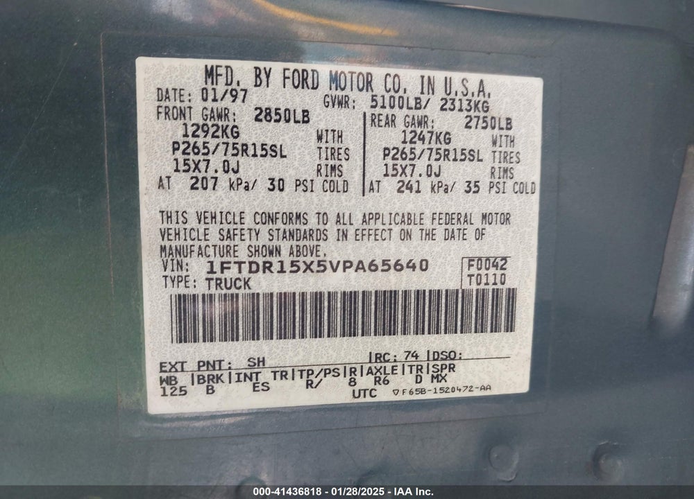 1997 FORD RANGER SPLASH/STX/XLT VIN: 1FTDR15X5VPA65640