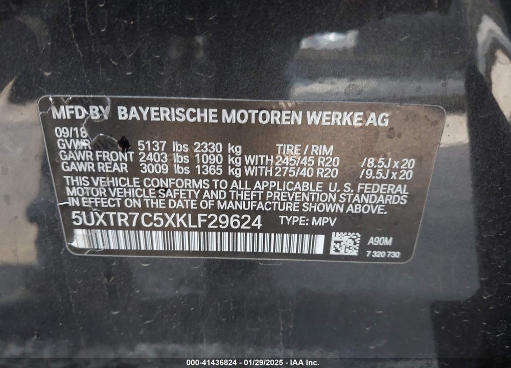 2019 BMW X3 SDRIVE30I VIN: 5UXTR7C5XKLF29624