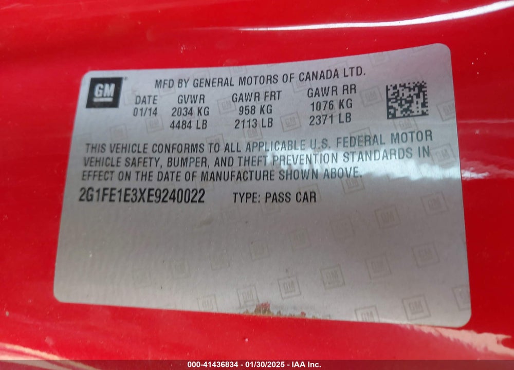 2014 CHEVROLET CAMARO VIN: 2G1FE1E3XE9240022