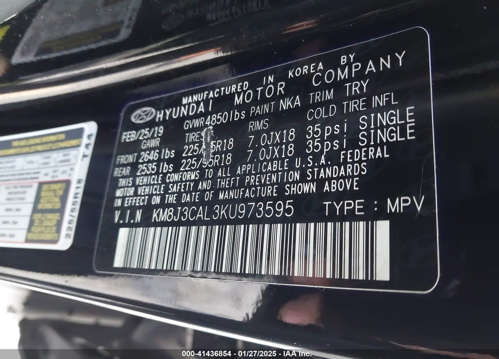 2019 HYUNDAI TUCSON SEL VIN: KM8J3CAL3KU973595