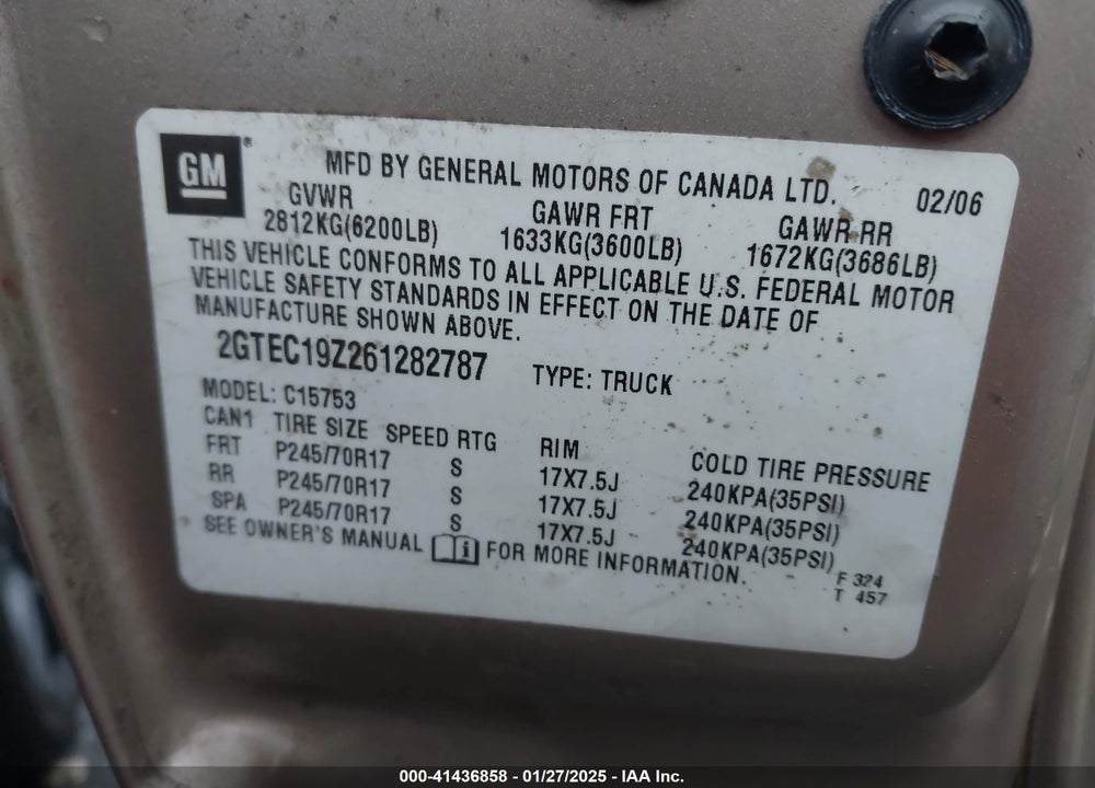 2006 GMC SIERRA 1500 VIN: 2GTEC19Z261282787