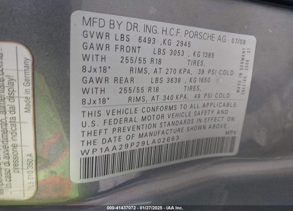 2009 PORSCHE CAYENNE VIN: WP1AA29P29LA02663