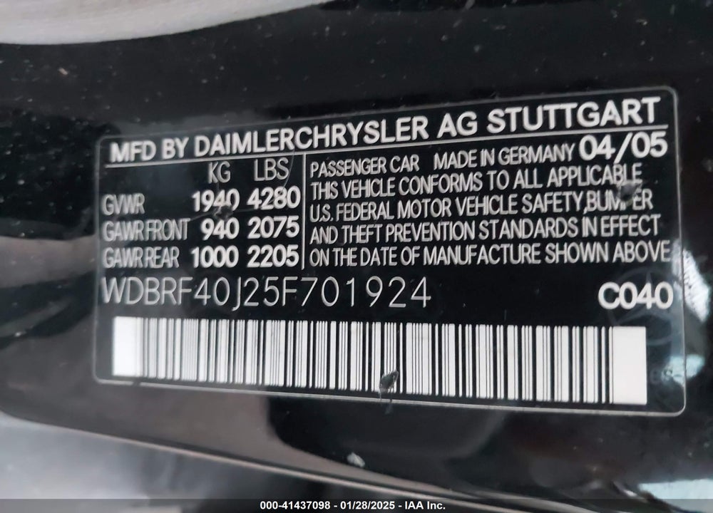 2005 MERCEDES-BENZ C 230 KOMPRESSOR SPORT VIN: WDBRF40J25F701924