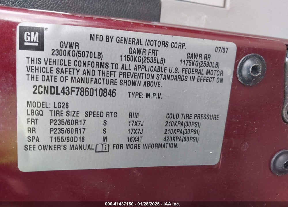 2008 CHEVROLET EQUINOX LT VIN: 2CNDL43F786010846