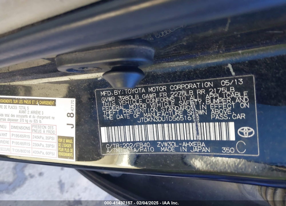 2013 TOYOTA PRIUS VIN: JTDKN3DU1D5651610
