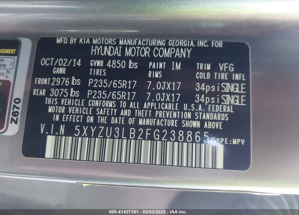 2015 HYUNDAI SANTA FE SPORT 2.4L VIN: 5XYZU3LB2FG238865