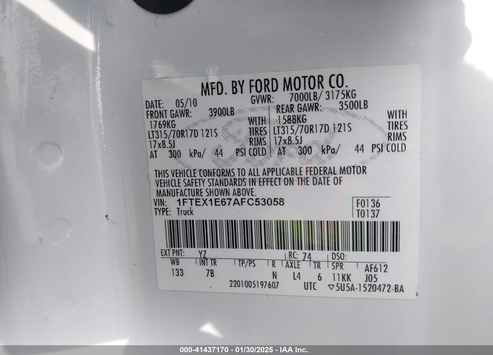 2010 FORD F-150 VIN: 1FTEX1E67AFC53058