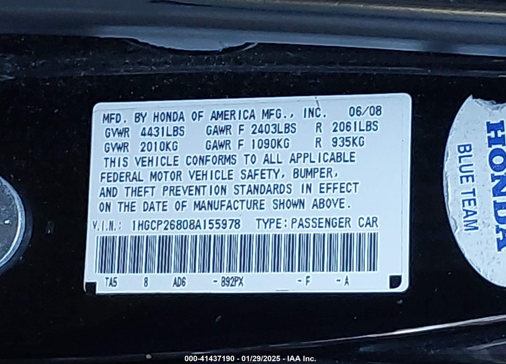 2008 HONDA ACCORD VIN: 1HGCP26808A155978
