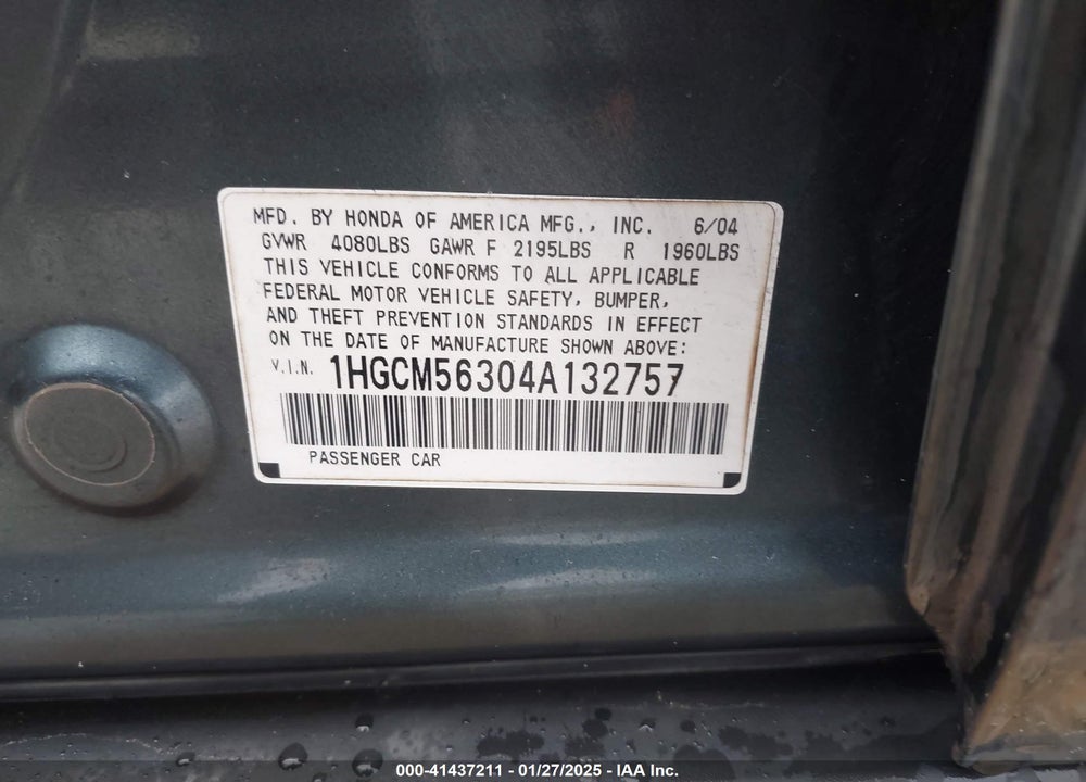 2004 HONDA ACCORD 2.4 LX VIN: 1HGCM56304A132757