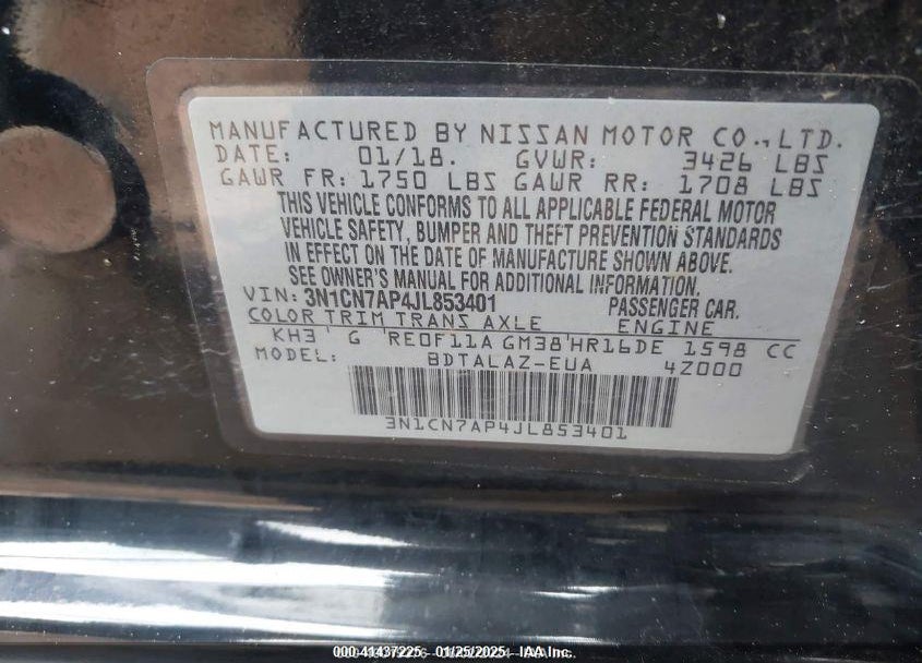 2018 NISSAN VERSA VIN: 3N1CN7AP4JL853401