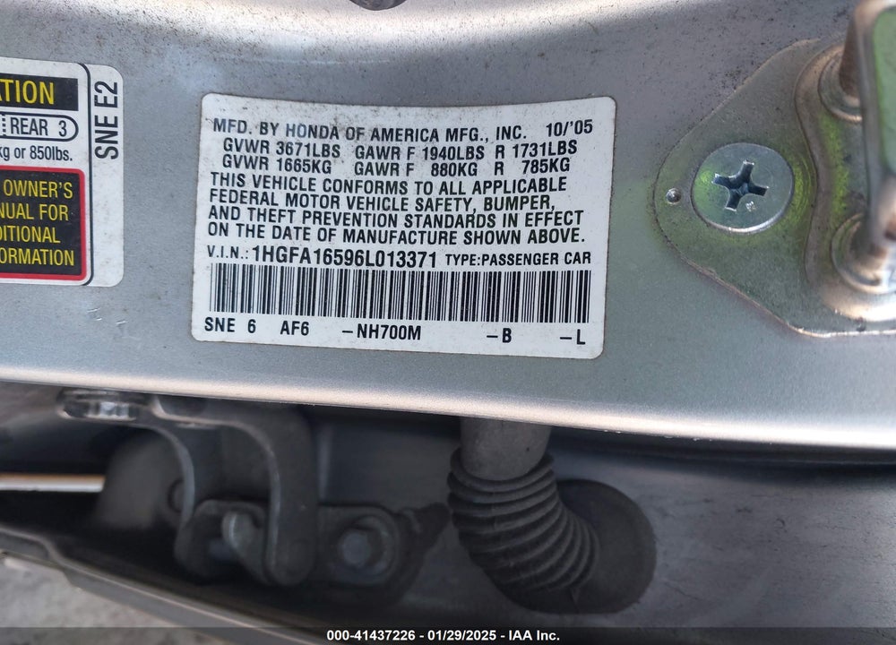 2006 HONDA CIVIC VIN: 1HGFA16596L013371