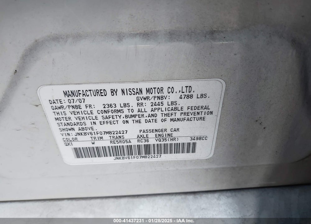 2007 INFINITI G35X VIN: JNKBV61F07M822427