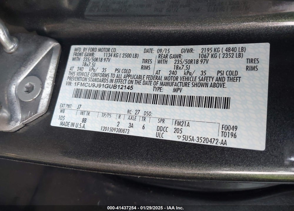 2016 FORD ESCAPE TITANIUM VIN: 1FMCU9J91GUB12145