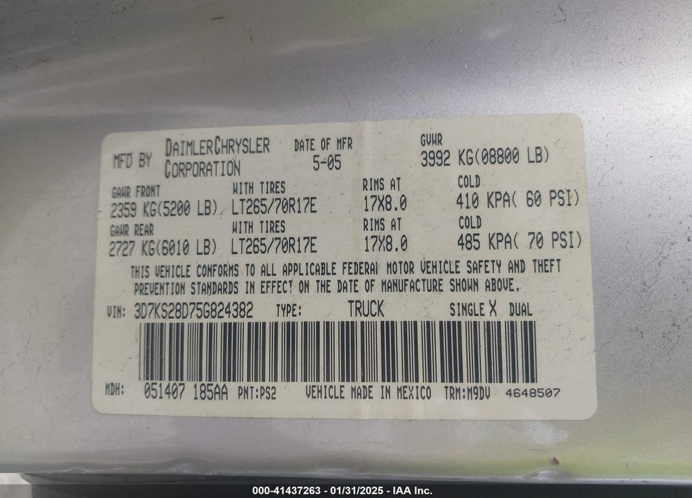 2005 DODGE RAM 2500 SLT/LARAMIE VIN: 3D7KS28D75G824382