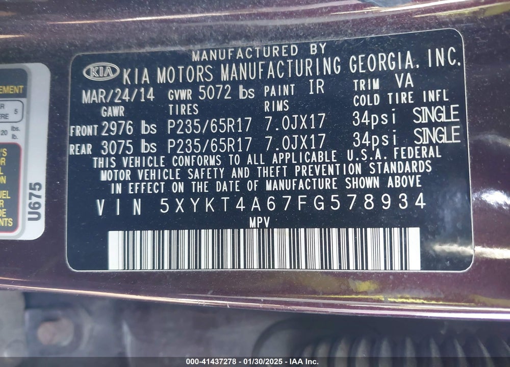 2015 KIA SORENTO LX VIN: 5XYKT4A67FG578934