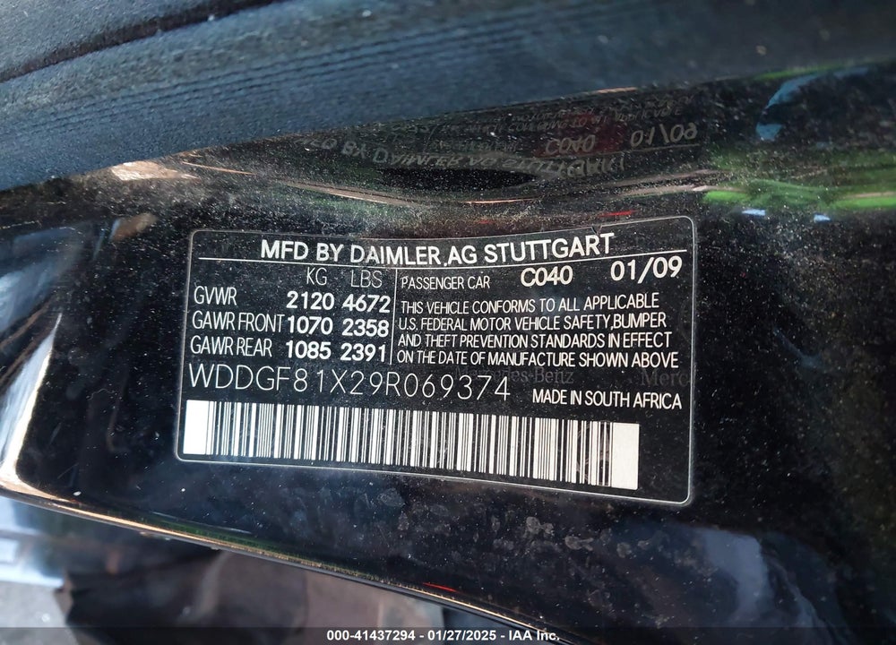 2009 MERCEDES-BENZ C 300 VIN: WDDGF81X29R069374