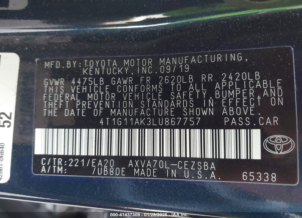 2020 TOYOTA CAMRY VIN: 4T1G11AK3LU867757