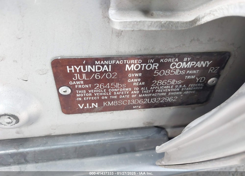 2002 HYUNDAI SANTA FE GLS/LX VIN: KM8SC13D62U322962