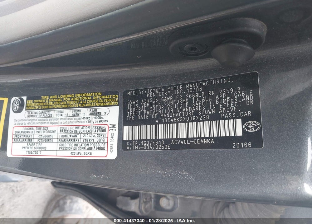 2007 TOYOTA CAMRY LE VIN: 4T1BE46K37U087238