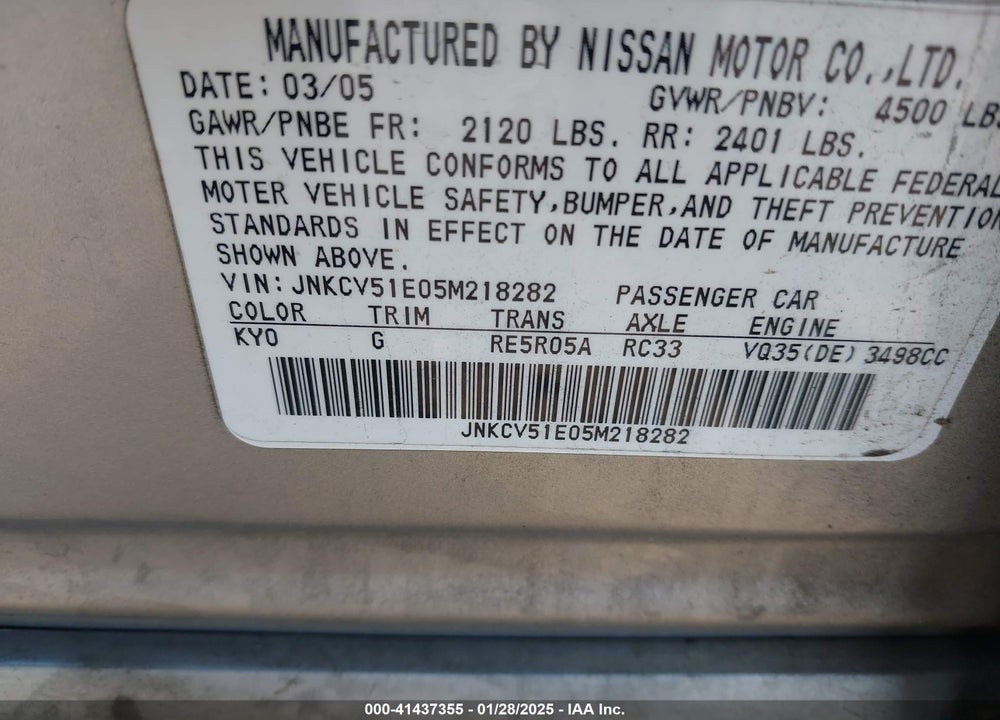 2005 INFINITI G35 VIN: JNKCV51E05M218282