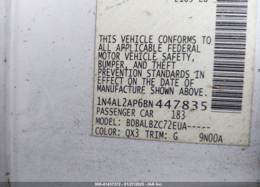 2011 NISSAN ALTIMA VIN: 1N4AL2AP6BN447835