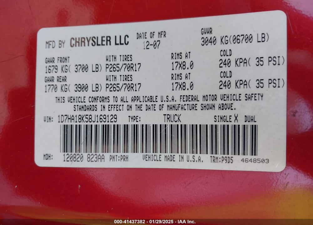 2008 DODGE RAM 1500 ST/SXT VIN: 1D7HA18K58J169129