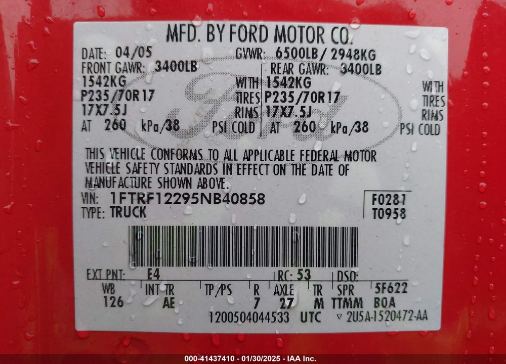 2005 FORD F-150 STX/XL/XLT VIN: 1FTRF12295NB40858