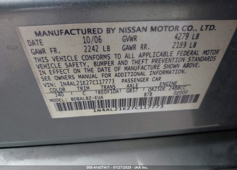 2007 NISSAN ALTIMA 2.5 S VIN: 1N4AL21E27C117773